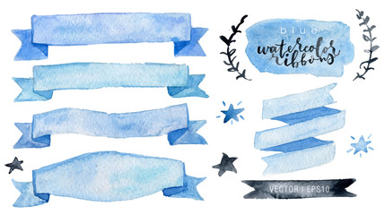watercolor vector collection blue ribbons, label, floral elements, stars. hand drawn watercolor desi