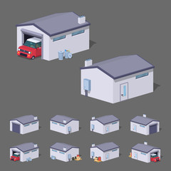 White garage. 3D lowpoly isometric vector illustration. The set of objects isolated against the grey background and shown from different sides