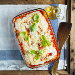 Wall Mural - Close-up of a traditional lasagna made with minced beef bolognes