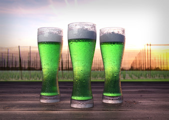 Wall Mural - three glasses of green beer with hop-garden background - 3D render