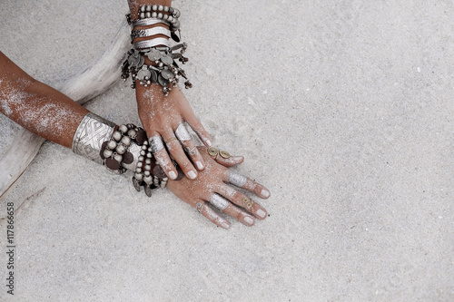 Plakat close up of beautiful tribal woman. Hands of ethnic dancer. Soft