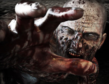 Close-up Portrait Of A Horrible Scary Zombie Attacking, Reaching For Its Unsuspecting Victim . Horror. Halloween. 3d Rendering