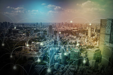 Poster - modern cityscape and wireless sensor network, sensor node and connecting line, Information Communication Technology, internet of things, abstract image visual