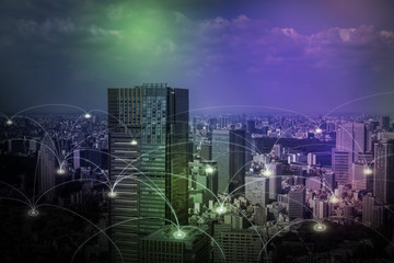 Poster - modern cityscape and wireless sensor network, sensor node and connecting line, Information Communication Technology, internet of things, abstract image visual