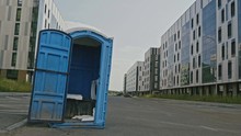 Blue Public Toilet At Empty Street Of Innopolis City, Close Up