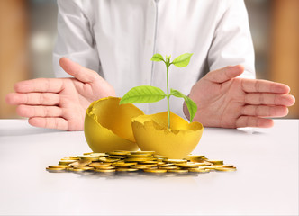 Businessman Holding  Golden Eggs