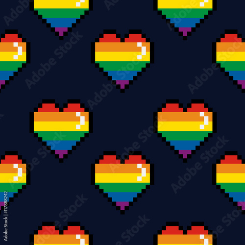 Foto Vector seamless pattern 8 bit Pride lgbt pixel color heart Valentines Day retro