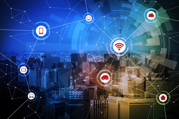 Modern city and wired network concept icons, IoT(internet of things), CPS(Cyber-Physical Systems), ICT(Information Communication Technology), abstract image visual