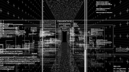 Alpha mask.Digital computer displays with running code text.Hud displays.Great opener.Good for tech titles and background, news headline business intro screensaver.