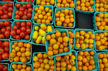 Wall Mural - Red and orange cherry tomatoes displayed in green container pattern