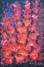 Red Flowers In Garden, Acrylic Color Painting, Impressionism Style
