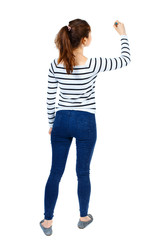 Wall Mural - back view of writing beautiful woman. Rear view people collection.  backside view of person. Isolated over white background. Girl in a striped sweater thoughtfully draws a pen.