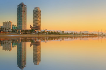 Wall Mural - barceloneta beach in barcelona at sunrise