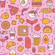 Fun vector seamless pattern with restaurant and fast food like coffee, pizza, wafer, burger, ice cream and Chinese plates. Pink, red and yellow colors. Smiling faces, iconic style, line art.