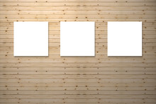 Three Canvas Frame On Pine Wooden Wall For Image Advertising,brown Wooden Wall Background,spot Light Added On Top,light And Shadow