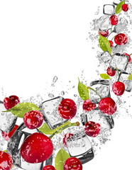 Cherries in water splash on white background