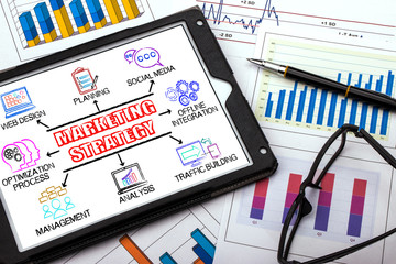 Wall Mural - marketing strategy concept diagram with related keywords and ele