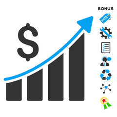 Wall Mural - Sales Growth Bar Chart icon with bonus pictograms. Vector illustration style is flat iconic bicolor symbols, blue and gray colors, white background, rounded angles.