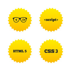 Programmer coder glasses. HTML markup language.