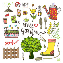Garden Tools Set With Seed Packets, Tree And Watering Can. Vector Doodle Elements