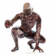 Zombie Bloodthirsty Undead Posing On A White Isolated Background. 3d Rendering
