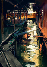 Wooden Bridge Across Canals In Fishing Village,digital Painting