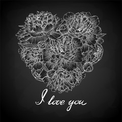 black and white heart decorated by flowers peony. I love you.