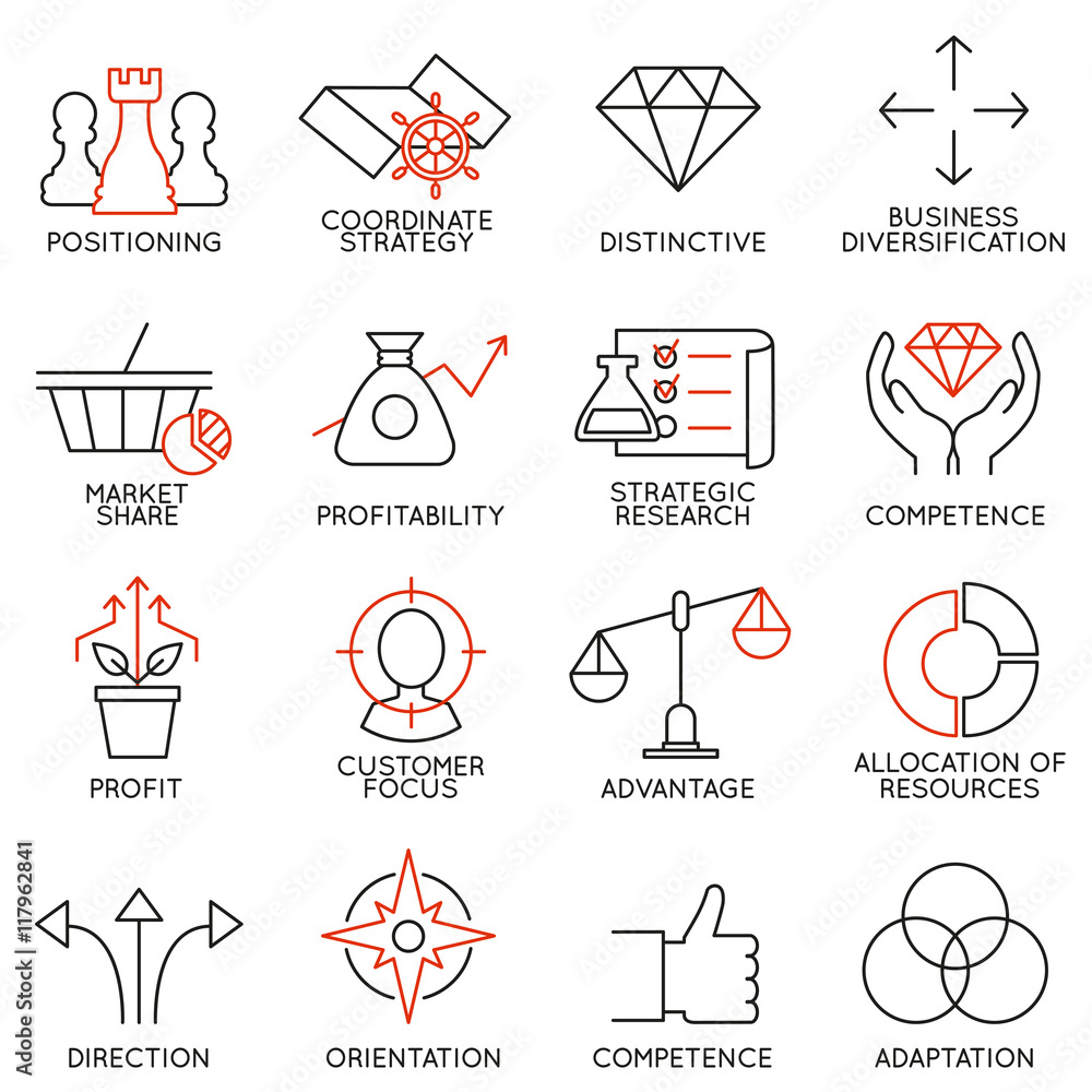Set linear icons of business management, strategy, career progress and ...