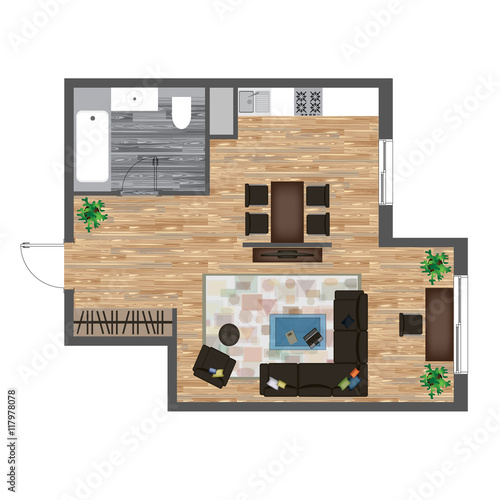 Architectural Color Floor Plan Studio Apartment Vector Ilration Studio Apartment Vector Ilration Top View Furniture Set Living Room Kitchen Bathroom Sofa Armchair Bed Dining Table Chair Carpet