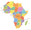 Africa single states political map. Each country with its own color area. With national borders on white background. Continent including Madagascar and island nations. English labeling.