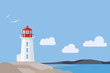 Flat Design Nova Scotia landscape with Peggys Cove lighthouse