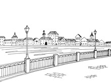 City River Graphic Art Black White Sketch Landscape Illustration Vector