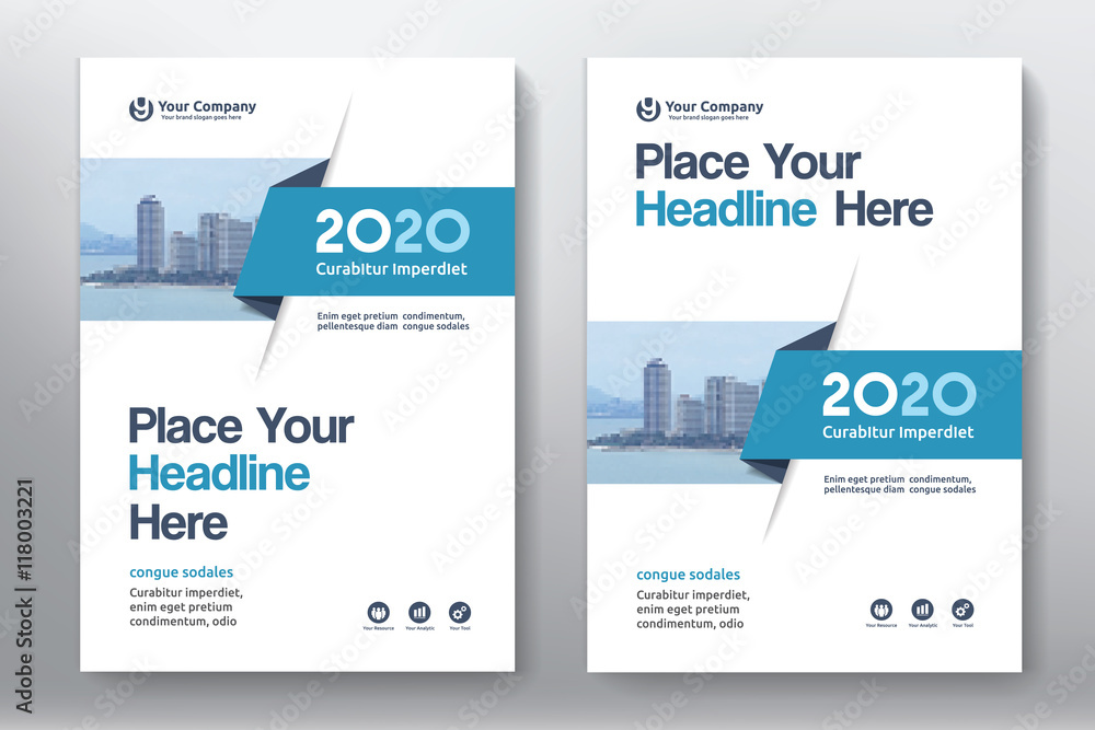 Blue Color Scheme with City Background Business Book Cover Design Template in A4. Easy to adapt to Brochure, Annual Report, Magazine, Poster, Corporate Presentation, Portfolio, Flyer, Banner, Website - obrazy, fototapety, plakaty 