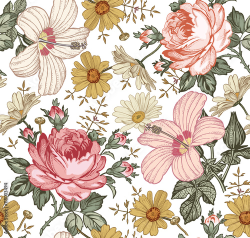 Dekoracja na wymiar  wzor-piekne-rozowe-kwitnace-realistyczne-kwiaty-na-bialym-tle-tlo-kwiaty-hibiskusa-slazu-hibiskusowego-rozy-rumiankowej-tapeta-grawerowanie-rysunku-ilustracja-wektorowa-wiktorianski