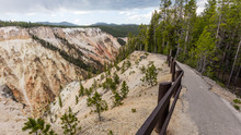 The Path At The Top Of A Deep Ravine. Mountain Landscape. Uncle Toms Trail On The Grand Canyon Of The Yellowstone National Park, Wyoming