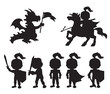 © sandybar - Vector set of silhouettes cute little knights and a dragon with a flag.