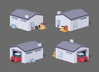 Wall Mural - White garage and red car. 3D lowpoly isometric vector illustration. The set of objects isolated against the grey background and shown from different sides