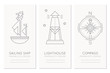 Nautical card design template with thin line style illustrations of sailing ship, lighthouse and compass rose