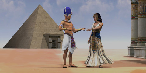 Wall Mural - egyptian queen pharaoh temple - a pharaoh talks with his queen near a pyramid and temple in the old 