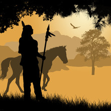 Native American Indian Silhouette With Spear And Horse