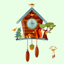Cuckoo Clock With A Squirrel, Trees, Berries, Mushrooms. Rural Style.Vector Illustration.