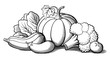 Still-life with vegetables. Pumpkin, zucchini, eggplant, broccoli, lettuce and tomato. Stylized vector illustration