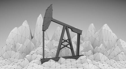 Wall Mural - low poly mountains landscape. 3d illustration. polygonal mosaic background with simple oil pump icon