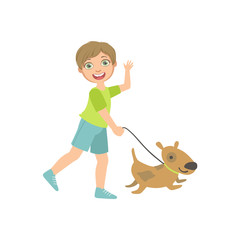 Poster - Boy Walking A Dog On The Leash