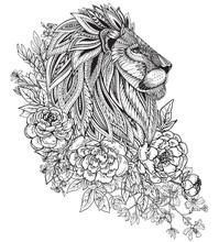 Hand Drawn Graphic Ornate Head Of Lion With Ethnic Floral Doodle
