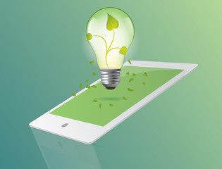 Green ecology bulb with tablet concept. Environment vector illus