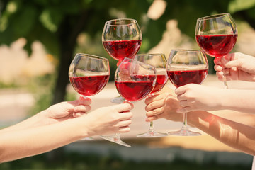 Wall Mural - Female hands clinking glasses with red wine, outdoors