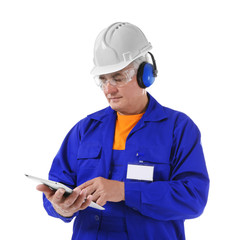 Wall Mural - Construction worker with tablet, isolated on white