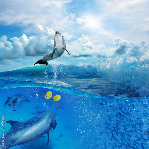 Obrazy Delfiny oceanview-with-sunlight-a-flock-of-playful-dolphins-swimming-underwater-and-one-of-them-leaping-out-from-big-sea-surfing-wave