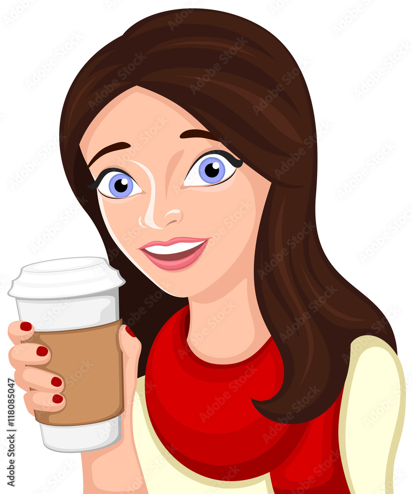 Vector illustration of a cartoon woman holding a cup of coffee. Stock ...